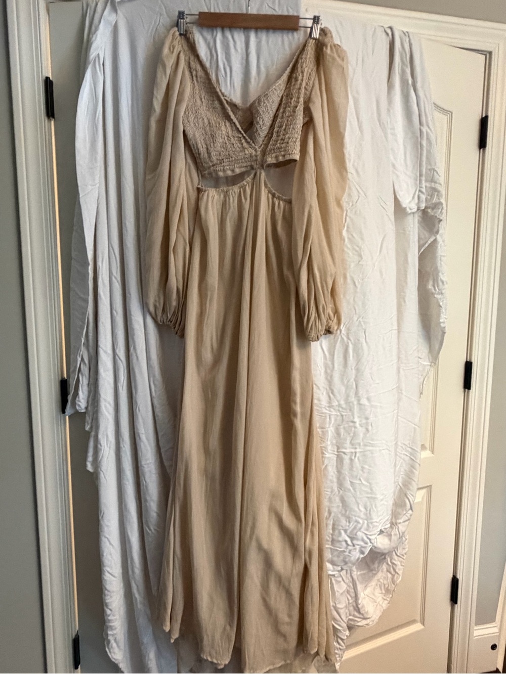 Indah Cream Cutout Maxi Dress with Bishop Sleeves